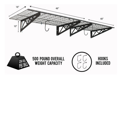 SafeRacks Wall Shelves - 2 Pack of 18 x48 Garage Wall Mounted Shelving, Wire Storage Racks, Utility Shelf, Heavy Duty Shelves with 4 Accessory Hooks, 500lbs Capacity, Color: Hammertone