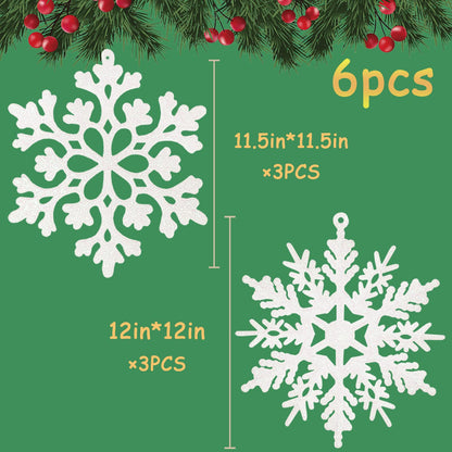 6pcs Large White Snowflakes Ornaments 12” Big Plastic Glitter Snowflake for Winter Indoor Outdoor Christmas Tree Window Room Decorations Giant Craft Snowflakes