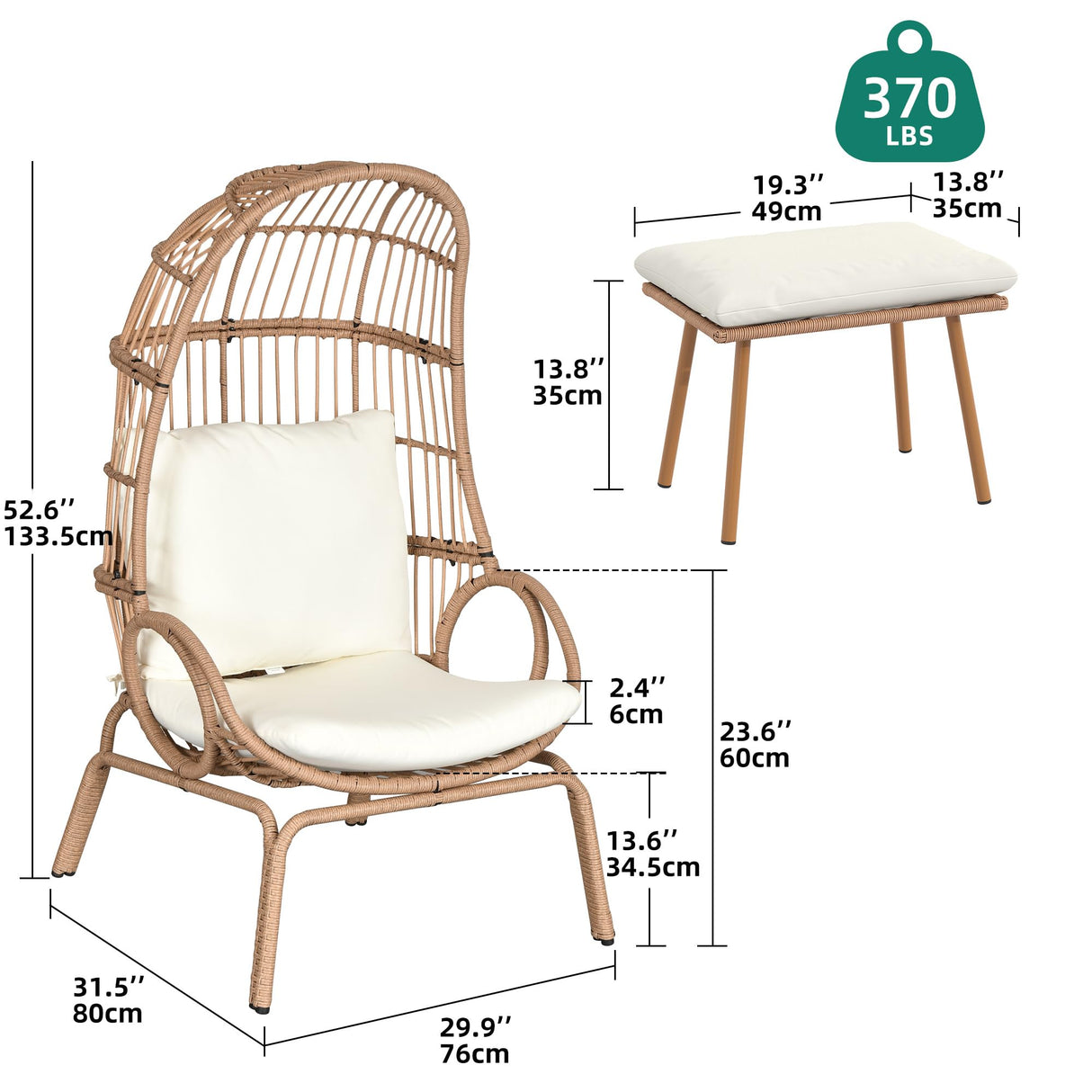 YITAHOME Outdoor Wicker Egg Chair with Ottoman, Indoor Patio Basket Lounge Chair with Footrest, All-Weather Rattan Egg-Shaped Chair with 5 Cushions, Beige YITAHOME