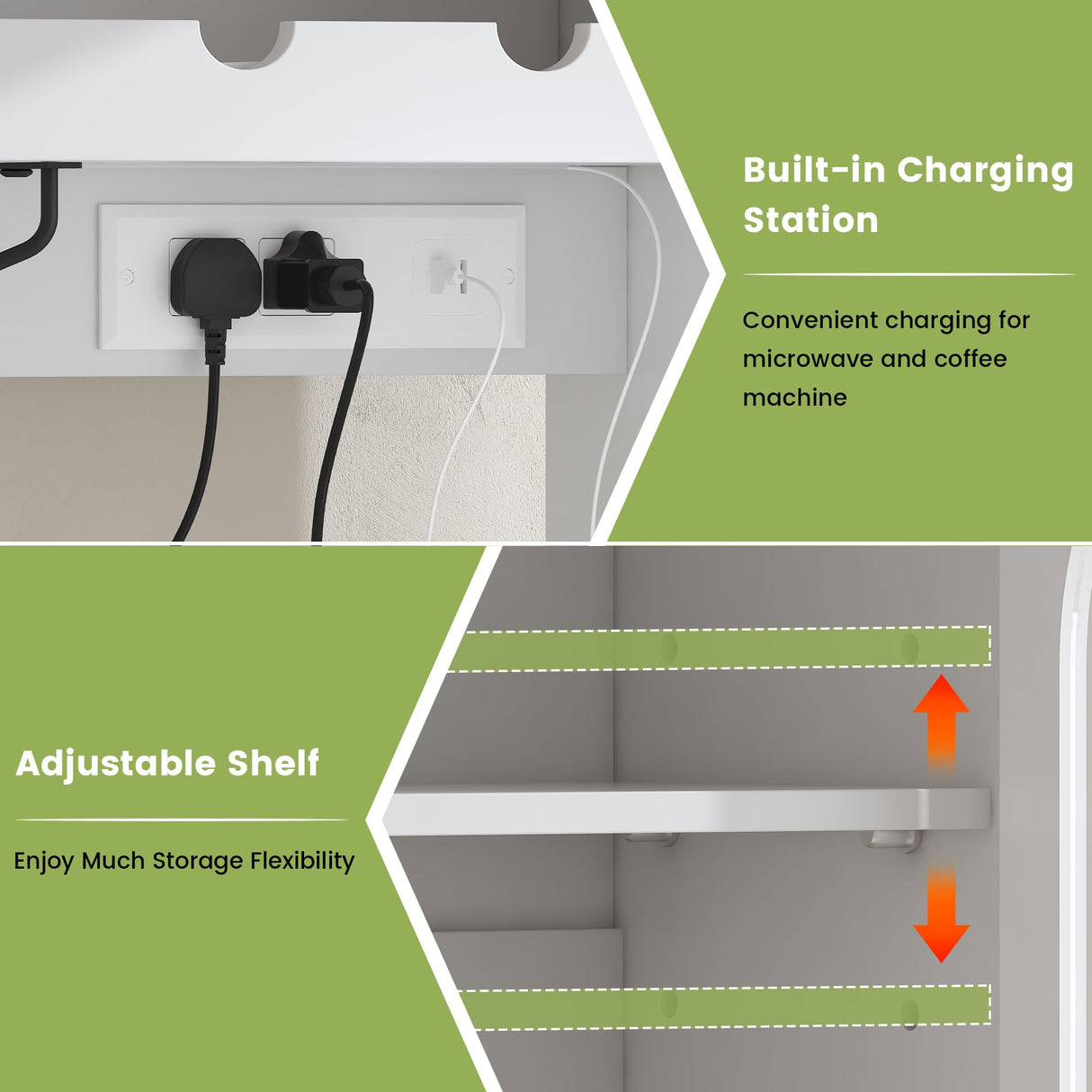 kepptory 72" Coffee Bar Cabinet w/Large Acrylic Wine Display Areas and LED, Wine Bar Cabinet with Long Rack, Storage Hutch, Faux Marble Countertop, for Home Dining Room Kitchen, White kepptory