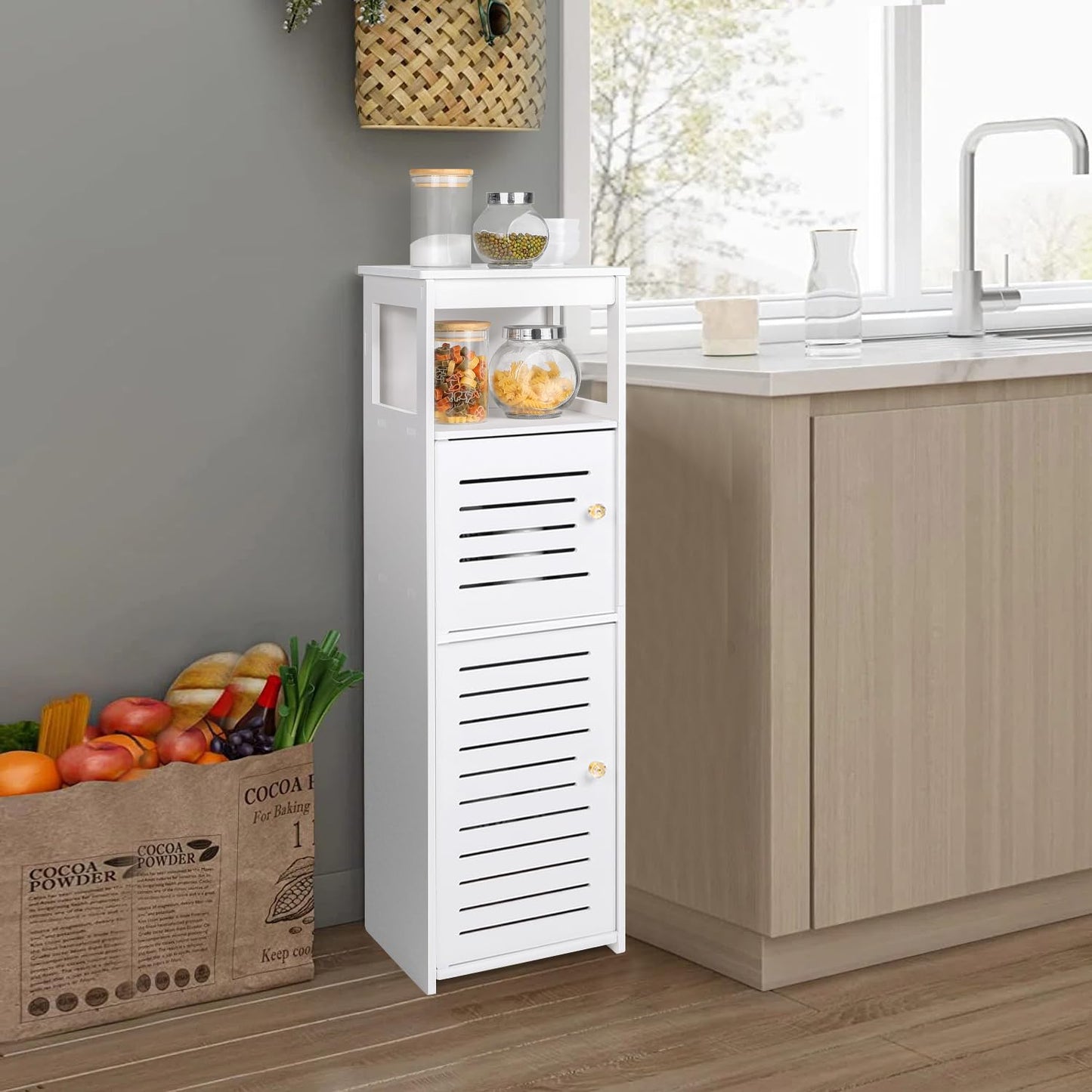 VOGGV Bathroom Storage Cabinet, Bathroom Floor Cabinet Freestanding 1 Doors and Shelves for Home Kitchen, Living Room and Hallway, 29.5 * 8.66 * 7.87in, White - WoodArtSupply