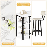 AWQM 3-Piece Bar Table and Chairs Set, Modern White Faux Marble Table with 2 PU Cushion Bar Stools, Kitchen Counter with 3 Tier Storage Shelves, Space Saving Table for Home & Kitchen, Black Frame AWQM