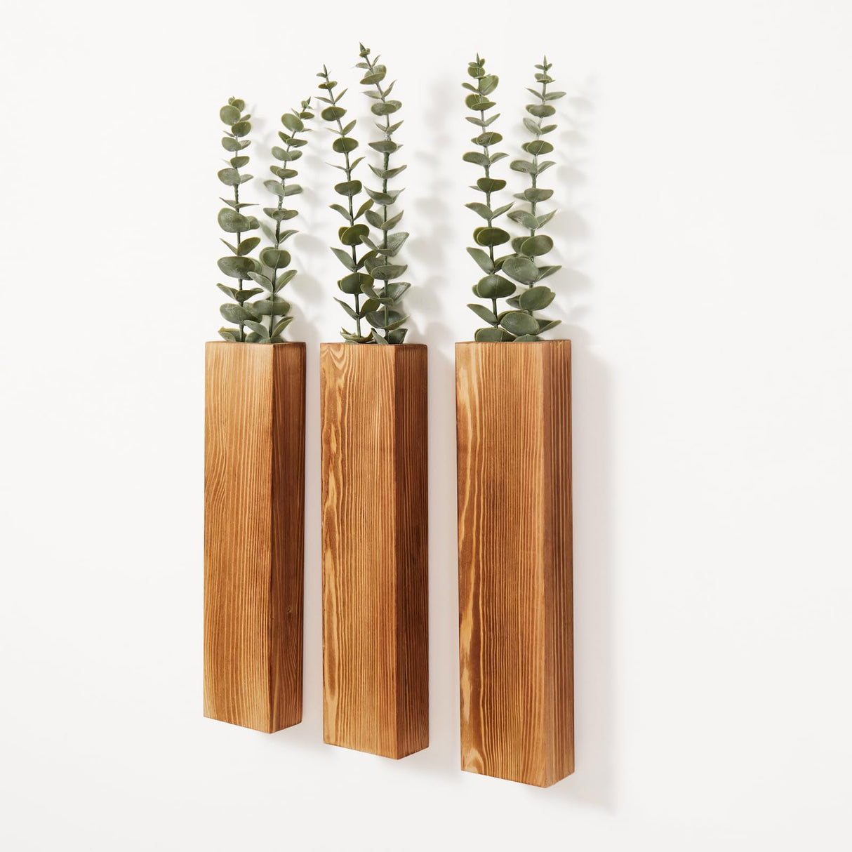 Mokof Wood Wall Planters with Artificial Plant Eucalyptus, Modern Farmhouse Wall Decor for Living Room, Bedroom, Bathroom, Wooden Pocket Hanging Wall Vase with Faux Plants Greenery Decor (3 Pack) Mokof