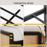 Full Size Metal Platform Bed Frame Natural Rattan Headboard, Bohemian Mattress Foundation with Strong Slats Support, No Box Spring Needed/Under Bed Storage/Non-Slip Without Noise/Easy Assembly SunnyFurn