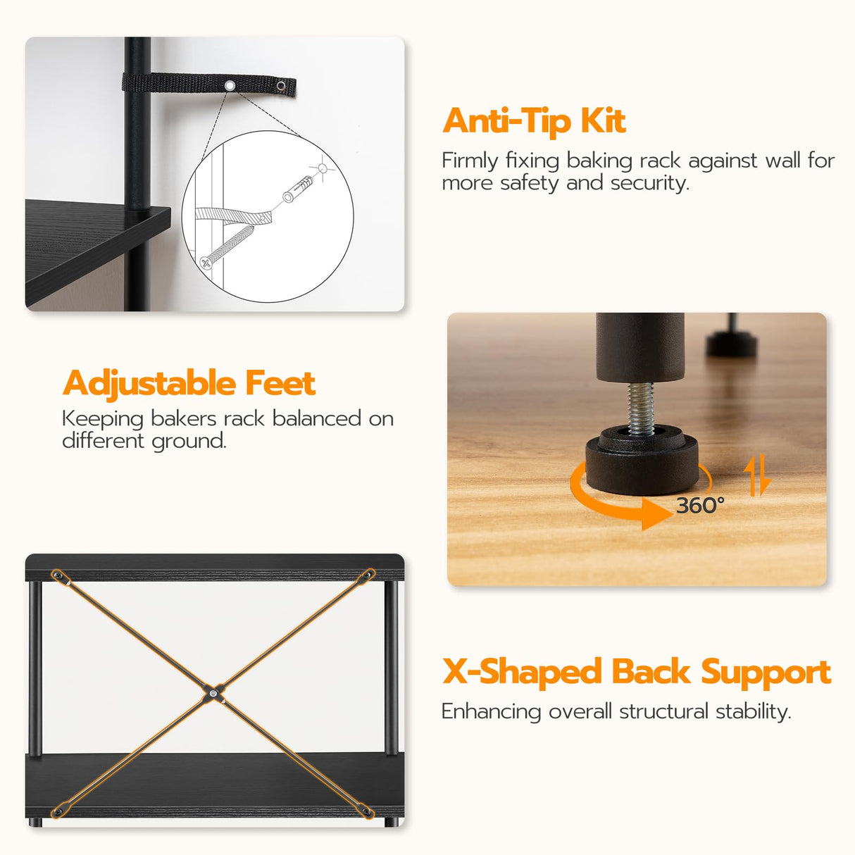 HOOBRO Kitchen Bakers Rack with Power Outlet, 5-Tier Free Standing Kitchen Storage Shelf Rack, Microwave Stand with 4 S-Shaped Hooks, Black BB55UHB01 HOOBRO