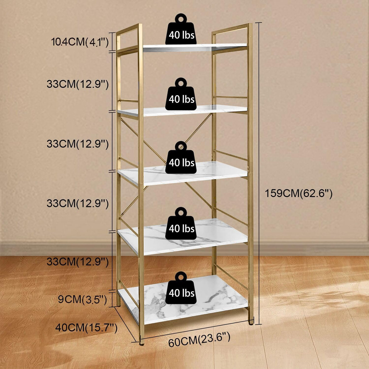 AT-VALY 5-Tier Bakers Rack with Storage Shelf,Free Standing Kitchen Storage Shelf Rack 23.6 L x 15.7 W x 62.6 H (Gold) AT-VALY