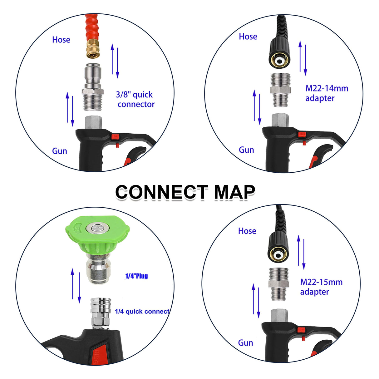RIDGE WASHER Pressure Washer Gun 5000 PSI, 12 GPM, High Pressure Spray Gun with 1/4" Quick Connector, 3/8'' Quick Connect, M22-14 mm and M22-15 mm Fitting RIDGE WASHER