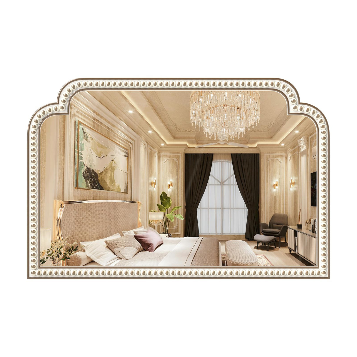 36''x24'' Farmhouse Wood Decorative Wall Mirrors with Beads, Boho Large Wide Arch Mirror for Living Room, Bedroom, Entryway, Fireplace HOITUZYUS