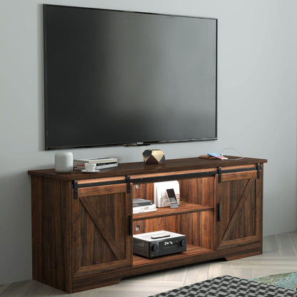 Kasibie Farmhouse 65" TV Stand, Modern LED TV Stand Brown, Entertainment Center with Storage Cabinet, Sliding Barn Door Media Cabinet (Brown) - WoodArtSupply