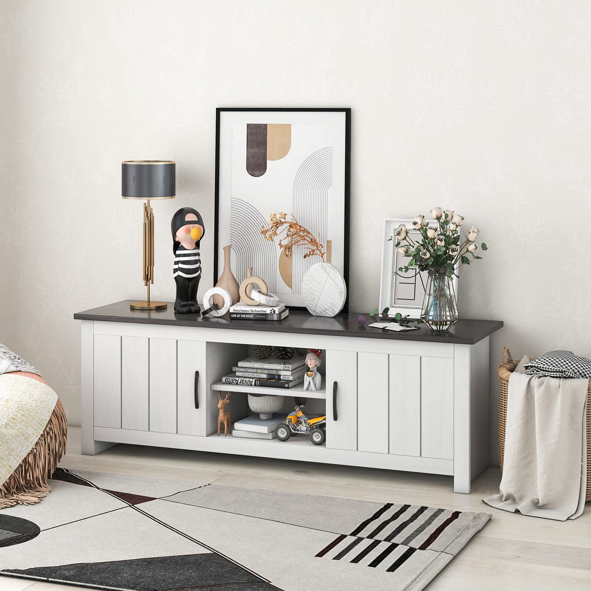 Tangkula 2 Doors TV Stand for TVs up to 65”, 57” TV Console Table w/ 2 Cabinets & Open Shelves, Media Entertainment Center w/ 2 Cable Management Holes, Wood TV Cabinet for Living Room (Dark Brown) Tangkula