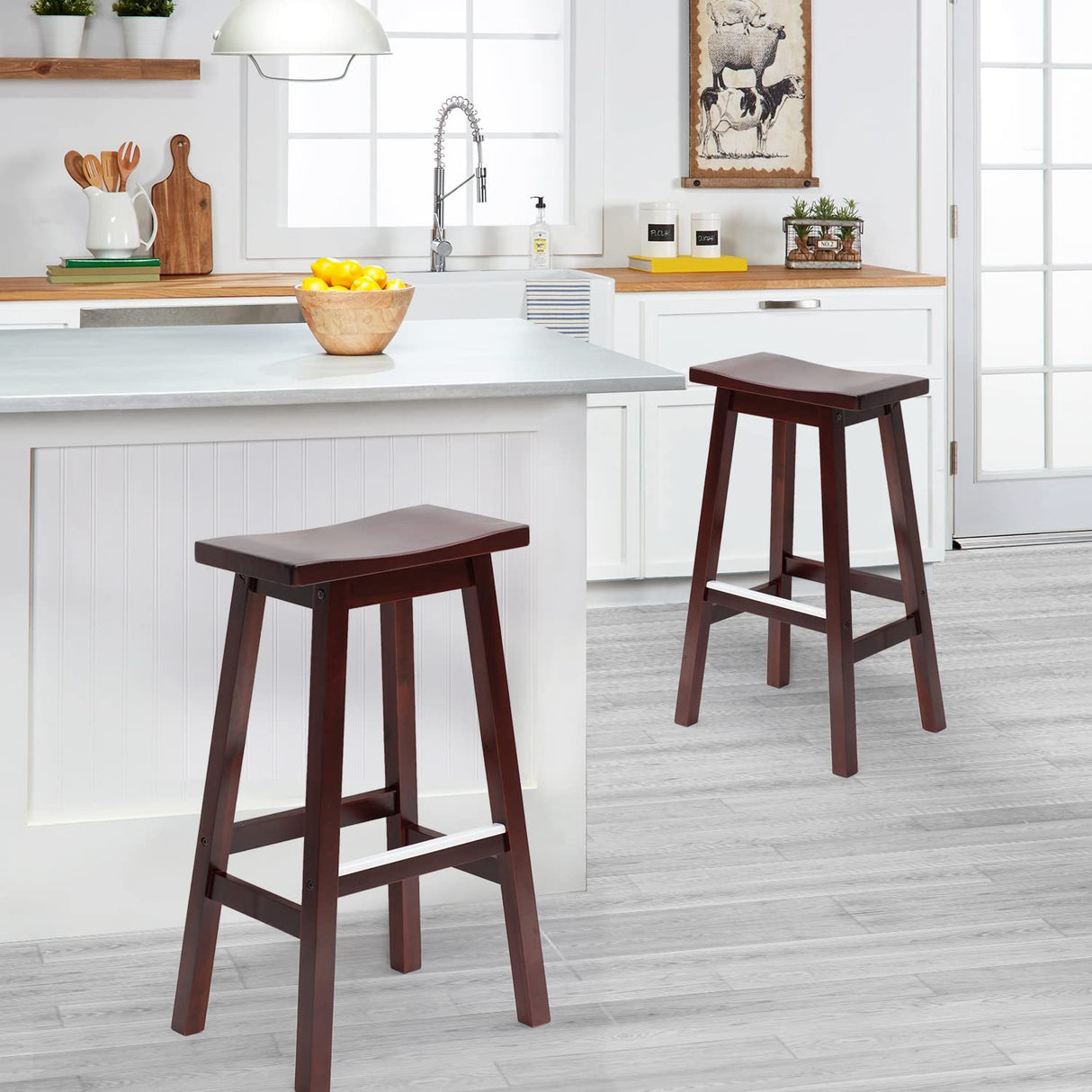 PayLessHere Bar Stools Set of 2 for Kitchen Counter Solid Wooden Saddle Stools 30-Inch Height Home Furniture Barstool, Brown PayLessHere
