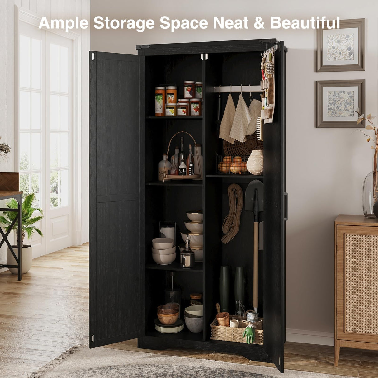 Befrases 72" H Black Farmhouse Storage Cabinet with Adjustable Shelves, Large Pantry Organize with 2 Barn Doors, Tall Freestanding Cabinet for Kitchen, Bathroom, Garage, Basement, Living, Utility Room Befrases