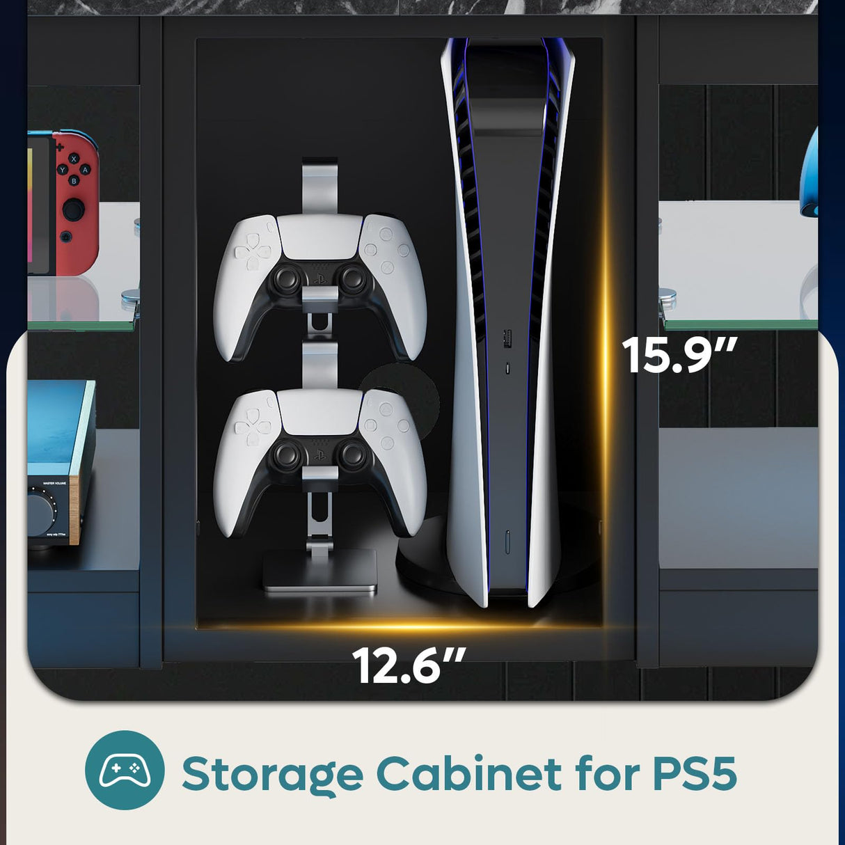 Bestier TV Stand for 70 inch TV, Gaming Entertainment Center for PS5, LED TV Cabinet with Glass Shelves for Living Room, 63'' Inch, Marble Black Bestier