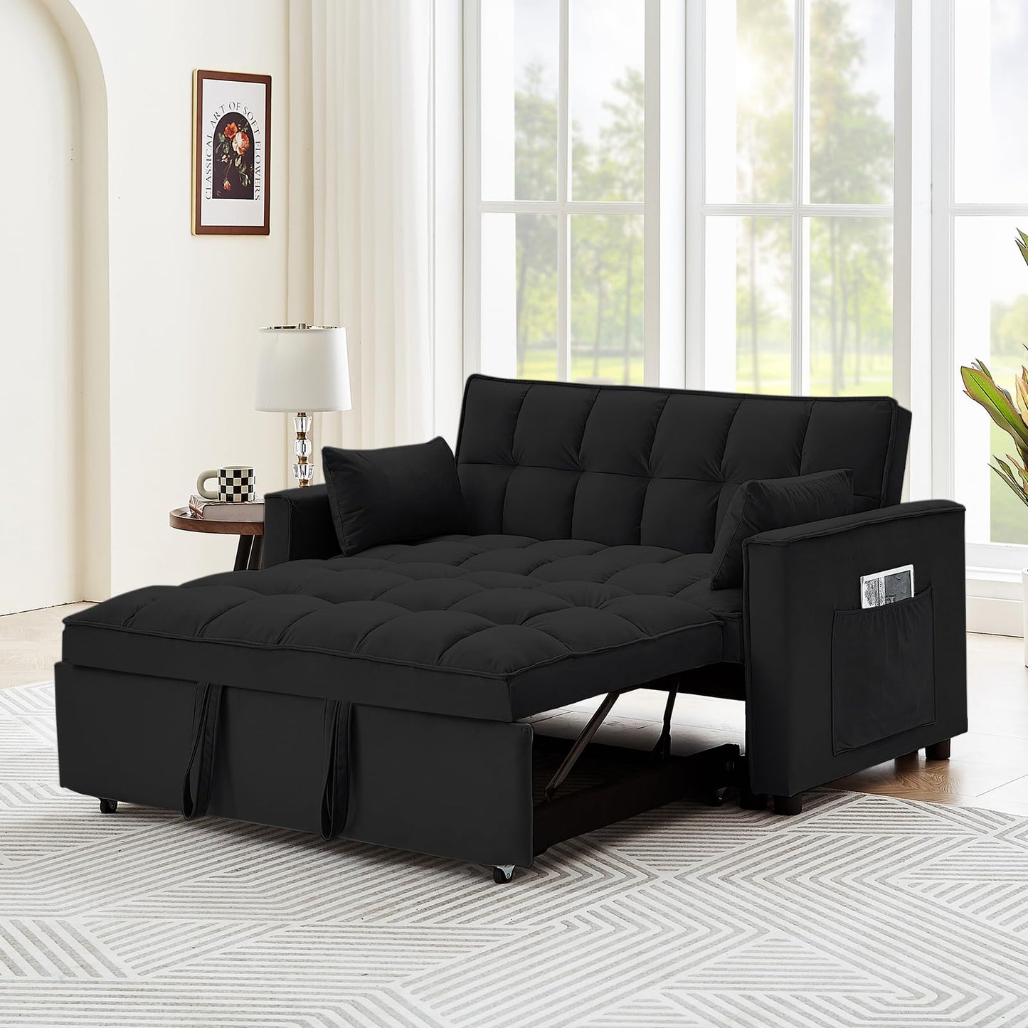 KIVENJAJA Convertible Sleeper Sofa Bed, Velvet Tufted Loveseat Couch with Pull Out Bed, Small Love Seat Futon Lounge Sofa Bed with 2 Pillows for Living Room Apartment, 55.2”W (Black)