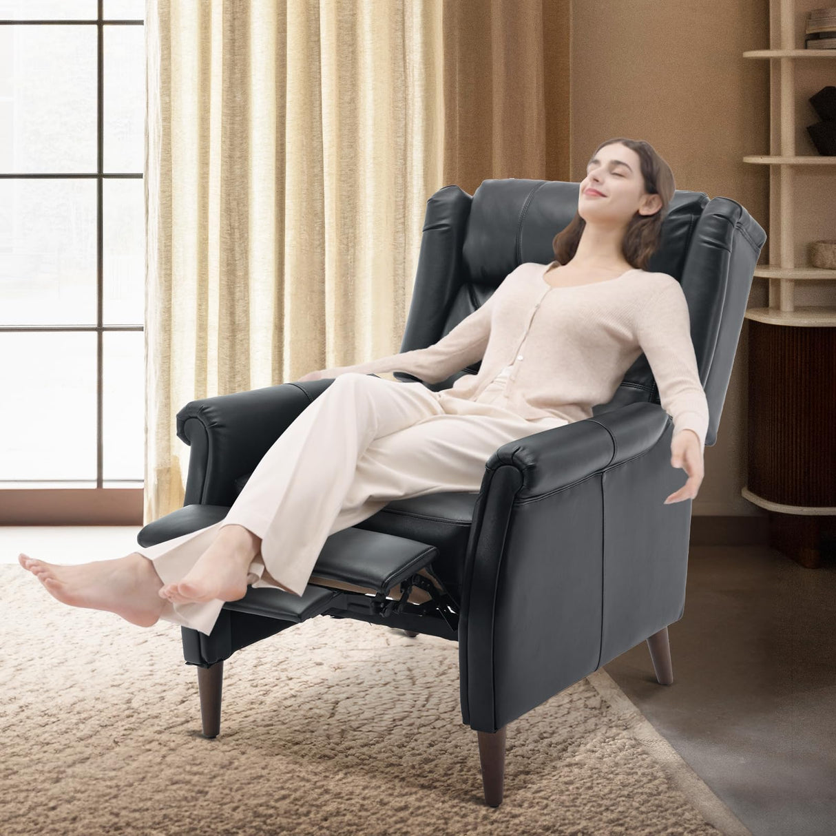 COLAMY Wingback Pushback Recliner Chair, Modern Upholstered Leather Living Room Chair Armchair with Button Tufted Back, Black COLAMY