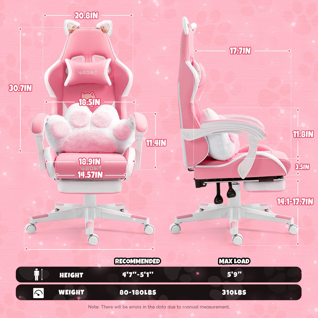 Vigosit Pink Gaming Chair with Cat Paw Lumbar Cushion and Cat Ears, Ergonomic Computer Chair with Footrest, Reclining PC Game Chair for Girl, Teen Vigosit