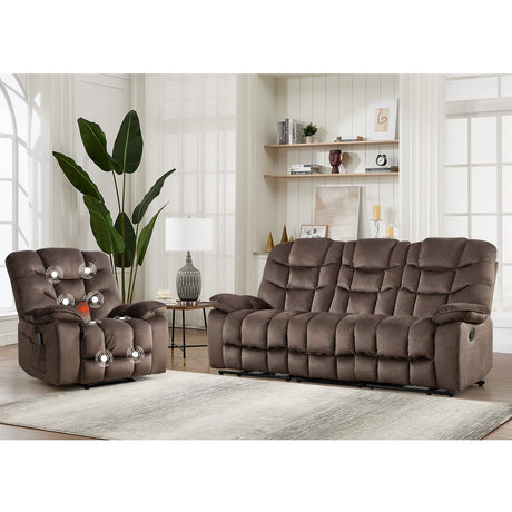 HAOMARKETS 2-Piece Recliner Sofa Couch Set, Include Single Power Electric Recliner Chair with Massage& Heat and 3-Seater Manual Reclining Sofa for Living Room Bedroom, Brown HAOMARKETS