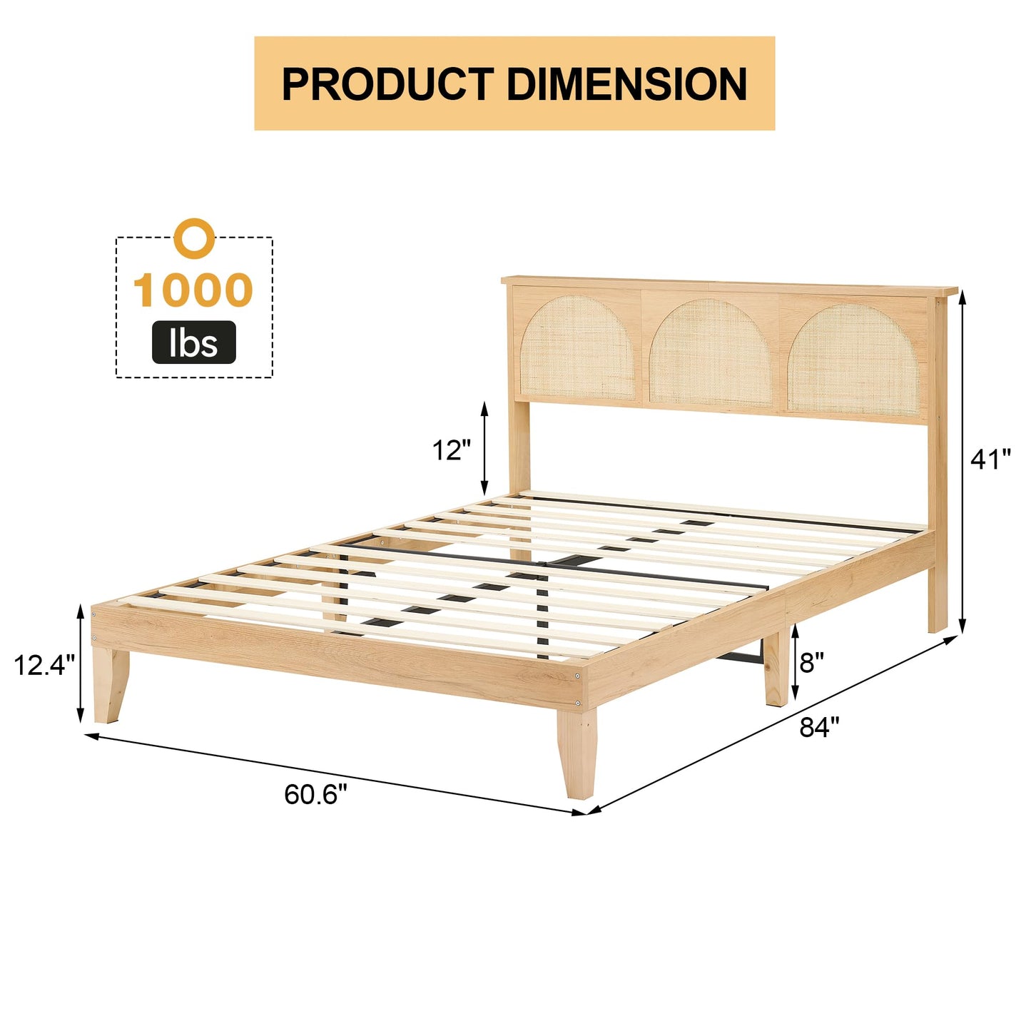 Queen Size Platform Bed Frame with Natural Rattan Headboard and RGB LED Lights - WoodArtSupply