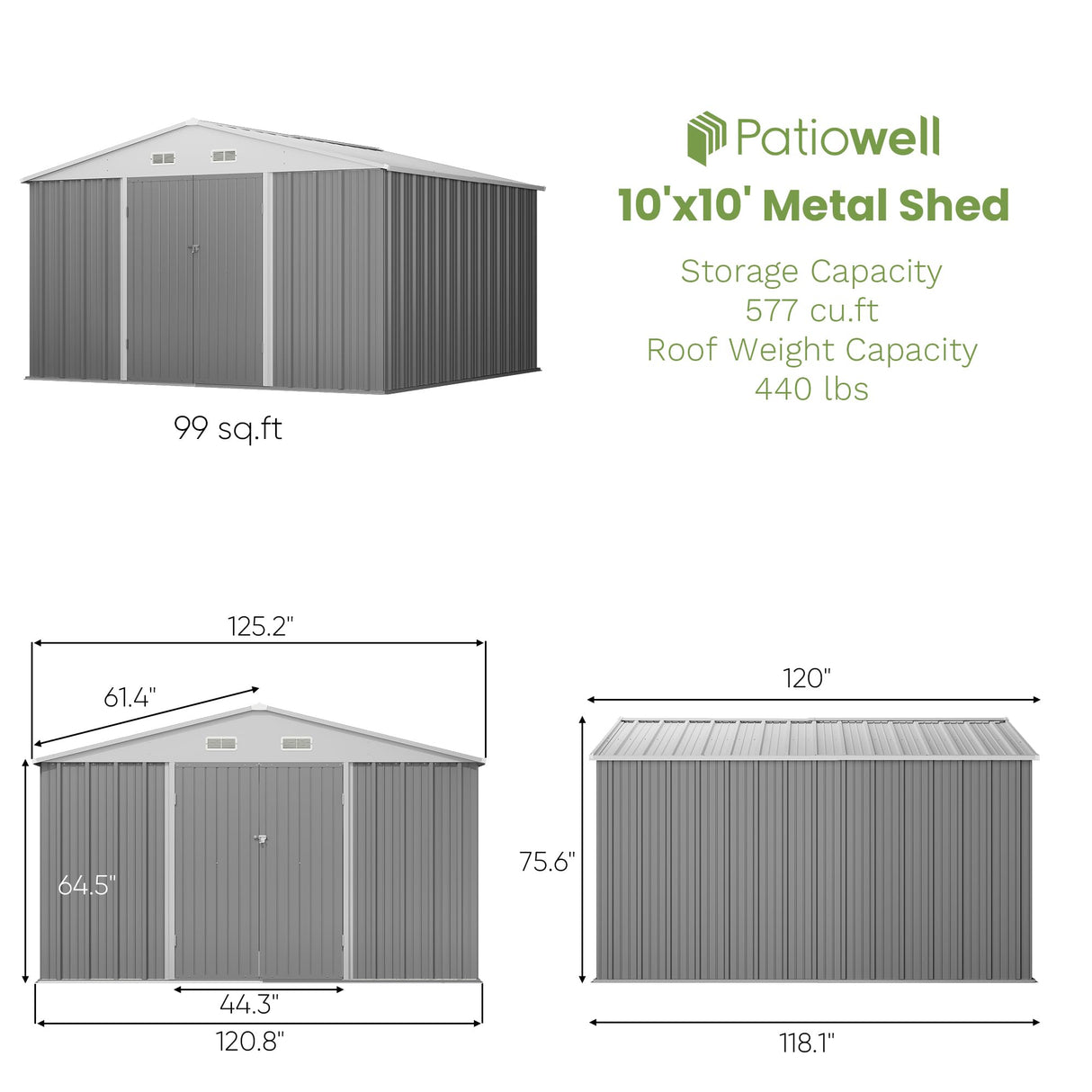 Patiowell 10' x 10' Metal Storage Shed for Outdoor, Steel Yard Shed with Design of Lockable Doors, Utility and Tool Storage for Garden, Backyard, Patio, Outside use, Grey Patiowell