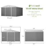 Patiowell 10' x 10' Metal Storage Shed for Outdoor, Steel Yard Shed with Design of Lockable Doors, Utility and Tool Storage for Garden, Backyard, Patio, Outside use, Grey Patiowell