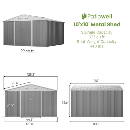 Patiowell 10' x 10' Metal Storage Shed for Outdoor, Steel Yard Shed with Design of Lockable Doors, Utility and Tool Storage for Garden, Backyard, Patio, Outside use, Grey - WoodArtSupply