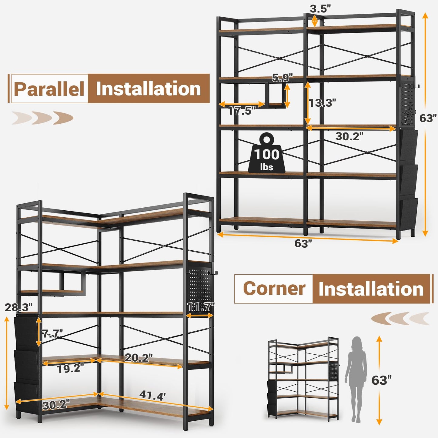 Itaar 5-Tier Convertible Corner Bookshelf with LED Light, Pegboard & Storage Bag in Rustic Brown - WoodArtSupply