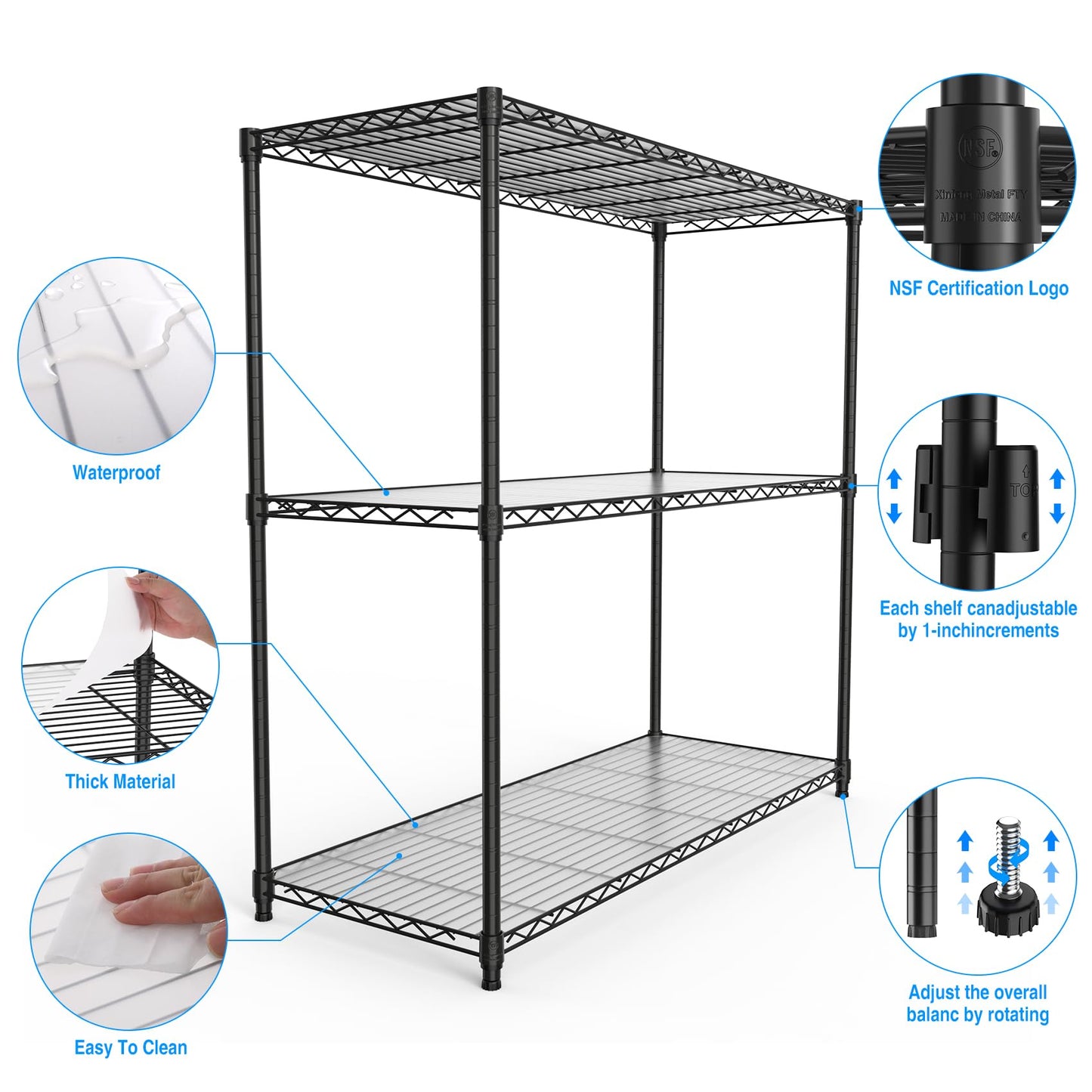 pouseayar Black NSF 3 Tier Metal Shelf Wire Shelving Unit, 1050lbs Heavy Duty Adjustable Storage Rack with Shelf Liners for Closet Kitchen Garage Basement Commercial Shelving - 48" H x 48" L x 18" D