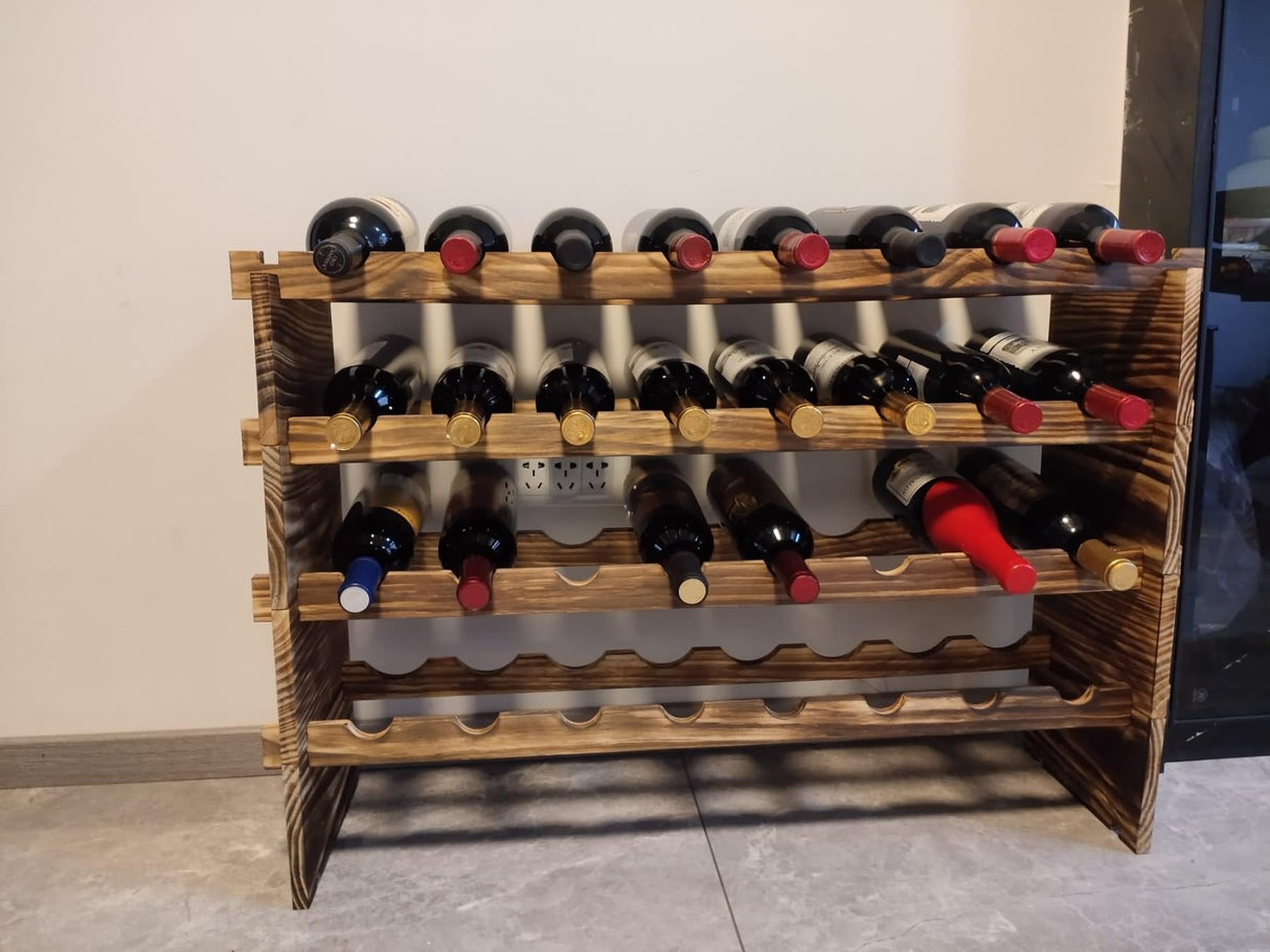LoongZDD Carbonized Pine Wood Wine Rack - 4-Tier Stackable Wine Storage, Holds 32 Bottles, Modular Wine Organizer for Home Bar, Kitchen, Living Room LoongZDD