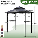 GARTOO 8'x5' Outdoor Grill Gazebo - Double Roof BBQ Gazebo Canopy with 2 Side Shelves and LED Lights, Patio BBQ Pergola Shelter for Garden, Porch and Backyard (Grey) GARTOO