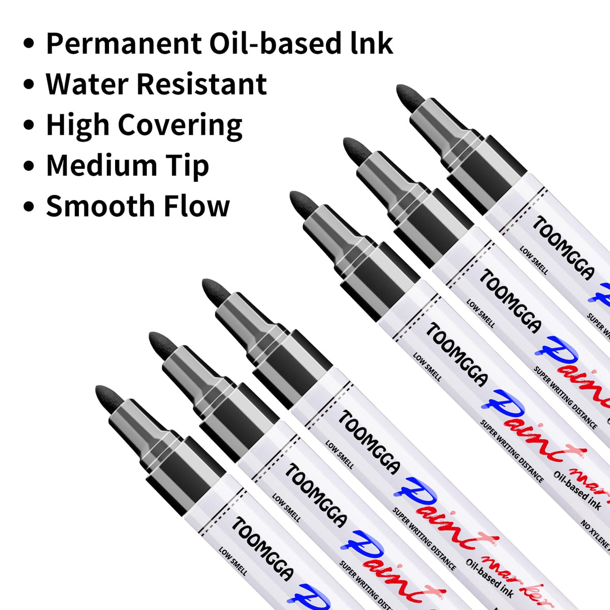 Black Paint Pens Permanent Paint Markers - 6 Pack Oil Based Marking Pens, Medium Point, Quick Drying and Waterproof Paint Pens for Rock Painting Car Tyre Metal, Plastic, Canvas, Wood TOOMGGA