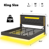 Floating Bed Frame King Size with LED Lights & Private Storage Headboard, King Floating Bed with Charging Station, Fabric Platform Bed, No Box Spring Needed, Noise-Free, Dark Gray BYSAUD