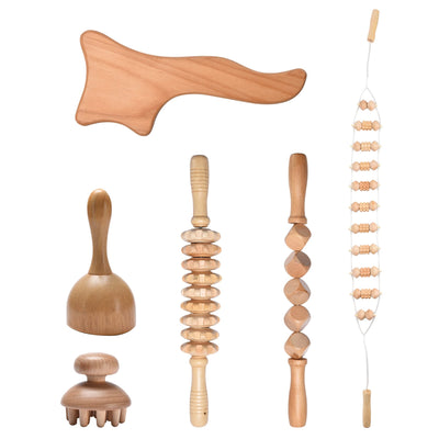 PURAVA Wood Therapy Massage Tools Set of 6 - Wood Therapy Tools for Body Shaping - Wooden Lymphatic Massager Body Sculpting Kit - Massage Roller Accessories, Stomach, Back and Foot Massage Roller