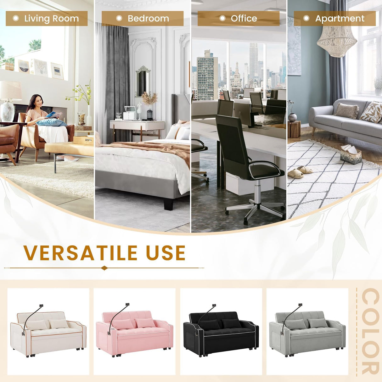 KINFFICT Sleeper Sofa Couch Bed with Phone Holder, Modern 3-in-1 Convertible Velvet Pull Out Loveseat Futon Sofa with USB & Type C Port & Cup Holder for Living Room Bedroom Office KINFFICT