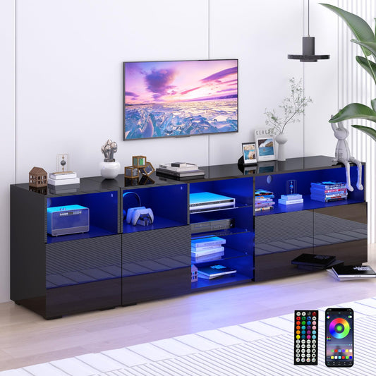 Hlivelood LED TV Stand for 85/75/65 Inch TV, High Glossy Modern TV Console Entertainment Center with Storage and LED Lights for Living Room, Bedroom, Black