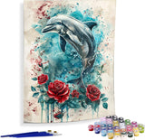 Diymood Paint by Numbers for Adults Dolphin, DIY Oil Painting Rose Acrylic Paint by Number Kits for Kids Adults Beginner for Home Wall Decor 16x20 inch Diymood