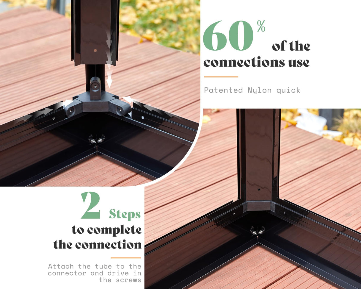 AMERLIFE 14x9.5x9 FT Hybrid Polycarbonate Greenhouse Quick Connector Fast Assembly, Swing 2 Doors Clear Panels, Walk-in Large Aluminum Greenhouse Winter Greenhouse for Outdoors, Black AMERLIFE