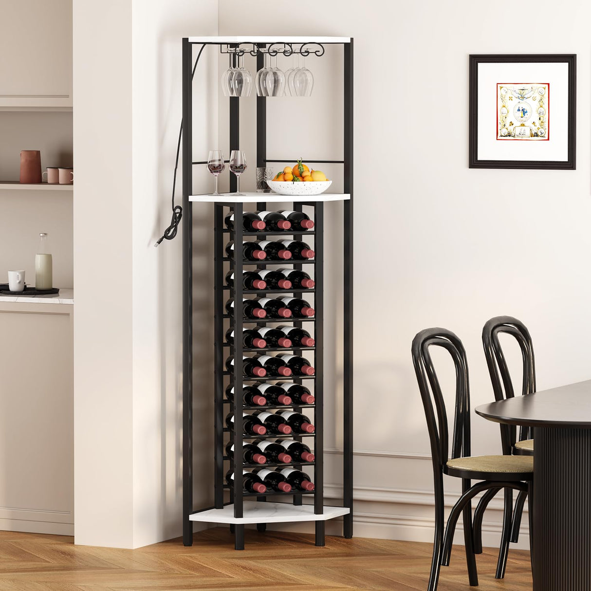 Homeiju Corner Wine Rack with Glass Holder and Led Strip Light, Corner Bar Wine Racks Freestanding Floor, Industrial Corner Bar Cabinet for Kitchen, Dining Room, Living Room or Cellar Homeiju