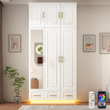 Hlivelood Large Armoire Wardrobe Closet Cabinet with Drawers and LED Lights, Multi-Tier Shelves, Hanging Rod, Large Capacity Storage 3 Door Wardrobe Armoire with Top Cabinet for Bedroom, White Hlivelood