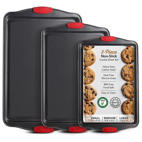 Baking Sheet Set, 3-Piece Cookie Sheet Set with Silicone Handles, Steel Baking Pans Set, Durable Baking Sheets for Oven, BPA Free Cookie Sheets for Baking Nonstick Set, Sheet Pan - Black Baking Pan EATEX