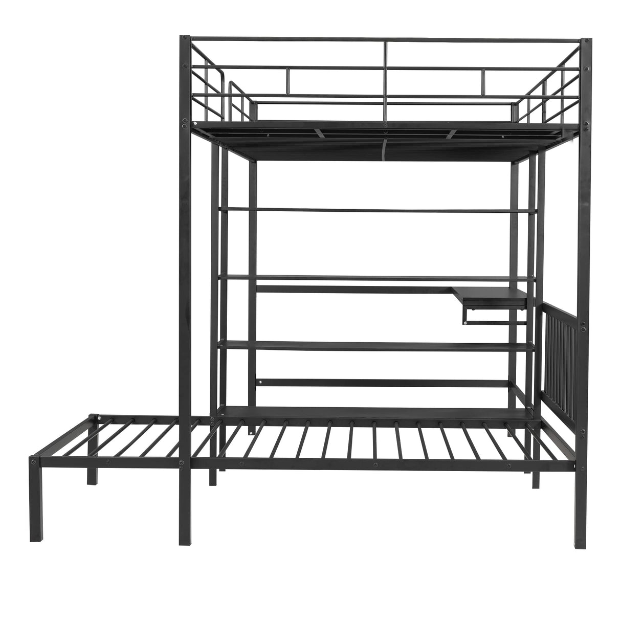 Merax Full Over Twin Metal Bunk Bed, L Shaped Loft Bed Frame with Built-in Desk, Shelves, and Ladder, Black Merax