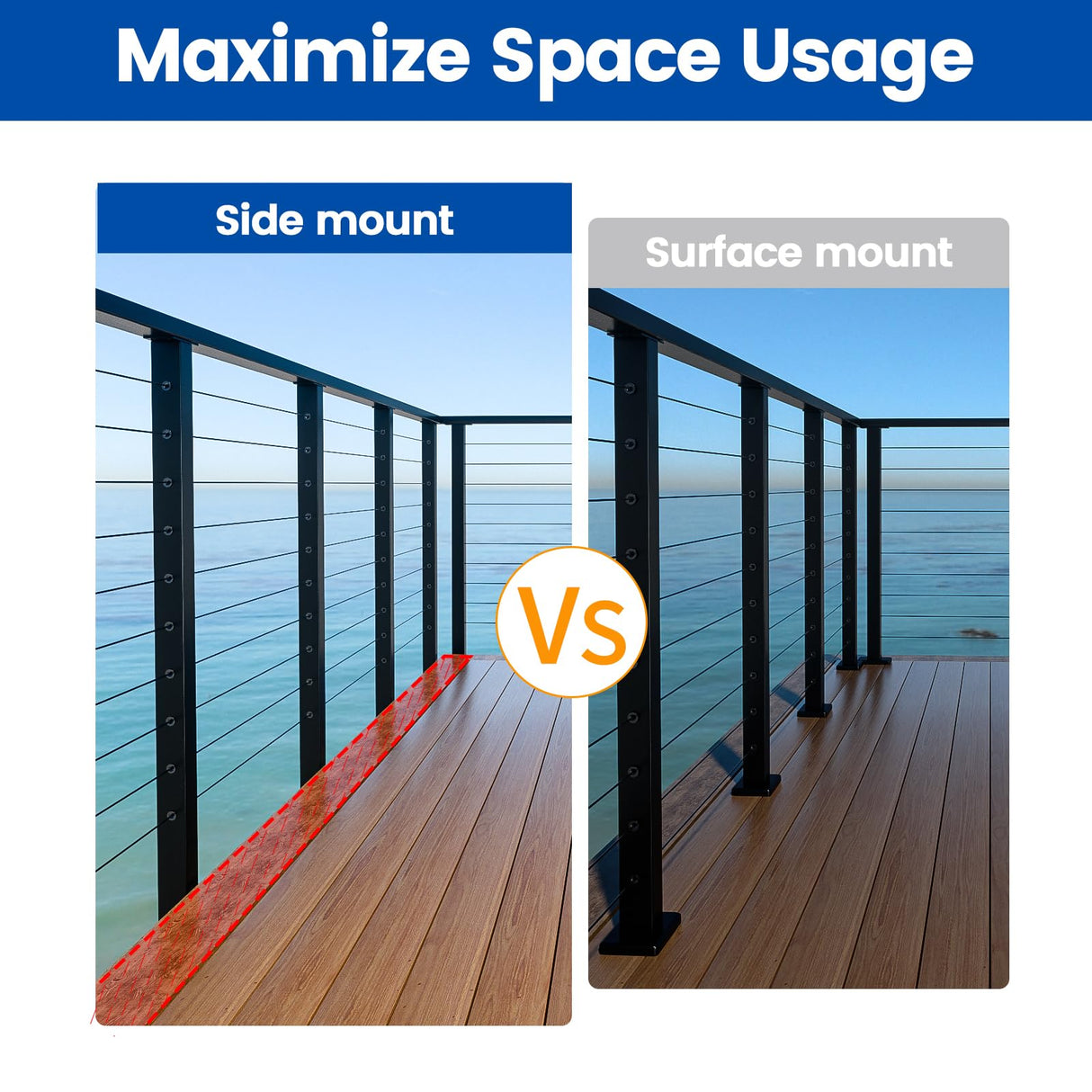 Muzata Aluminum Black Side Mount Cable Railing Post 36 Inch 36"X2"x2" Level Drilled Space-Saving Cable Railing System Kit Indoor Outdoor Seaside with Paper User Guide PW02 BHAS Muzata