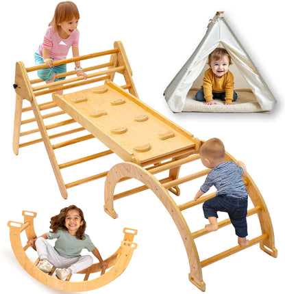 5 in 1 Pikler Triangle Set, Montessori Climbing Set, Toddler Climbing Toys Indoor Pickler 1-3 Piece Climbing Gym, Indoor Climbing Toys for Toddlers Inside, Baby Wooden Play Pickler, Kids Climber