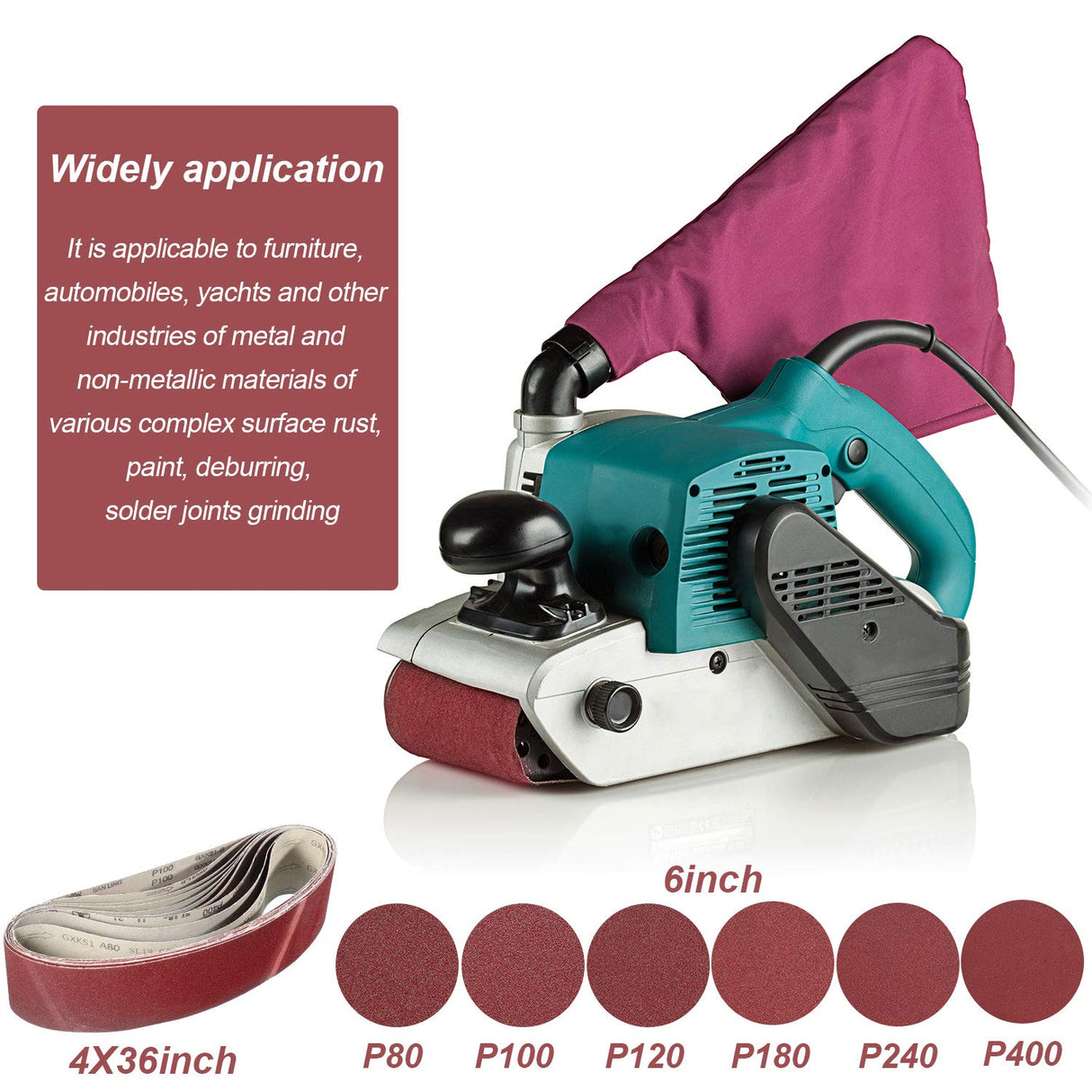 Aluminum Oxide Sanding Belts Includes 4 x 36 Inch Sanding Belts (80/120/150/240/400 Grits) and 6 Inch Self Stick No Hole Aluminum Oxide Sanding Disc (22) Blulu