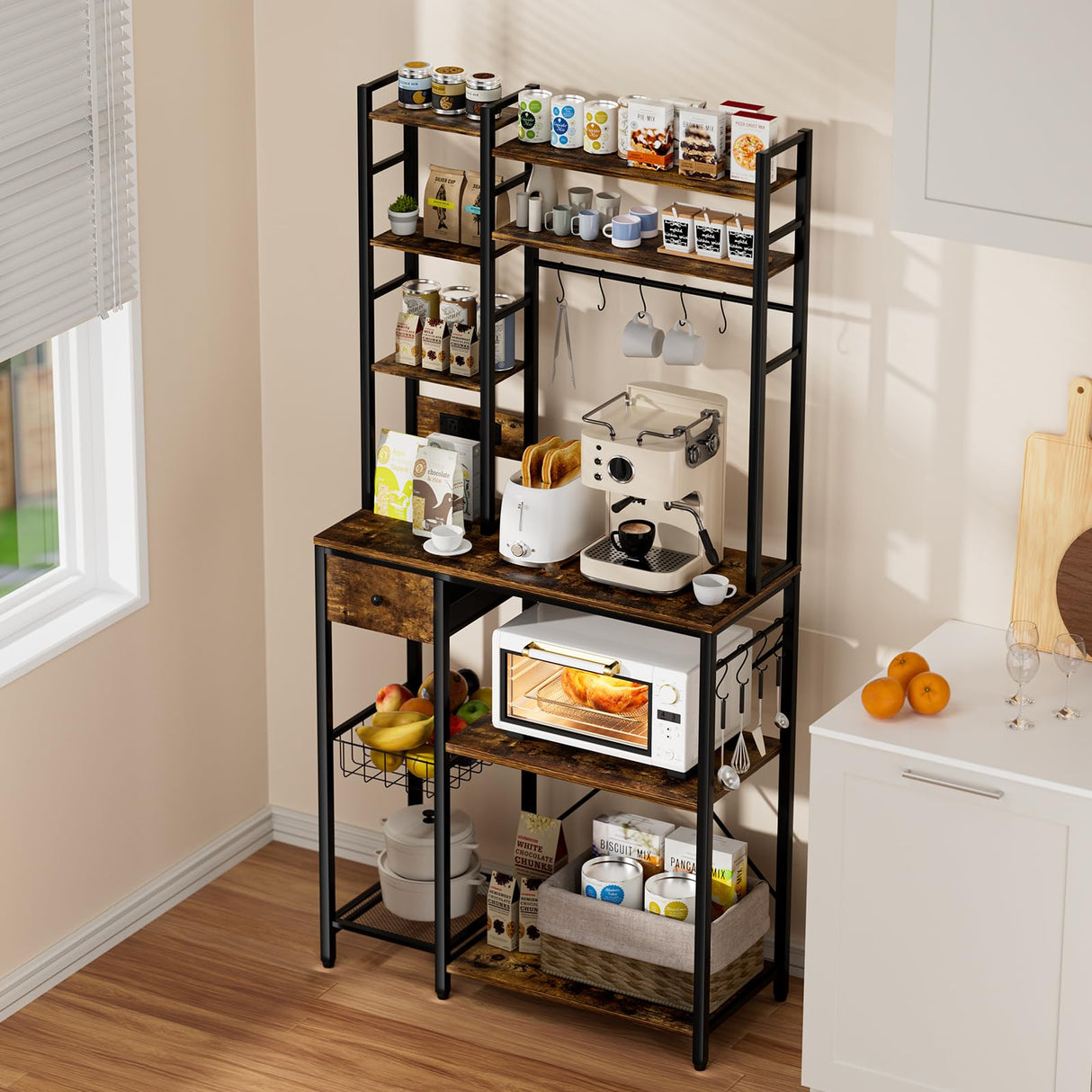 Artswish 72" Bakers Rack with Power Outlet, 8-Tier Freestanding Baker Racks Microwave Stand with Drawer, Coffee Bar Station with Basket and 10 S Hooks, Kitchen Appliance Shelves Rack, Rustic Brown Artswish
