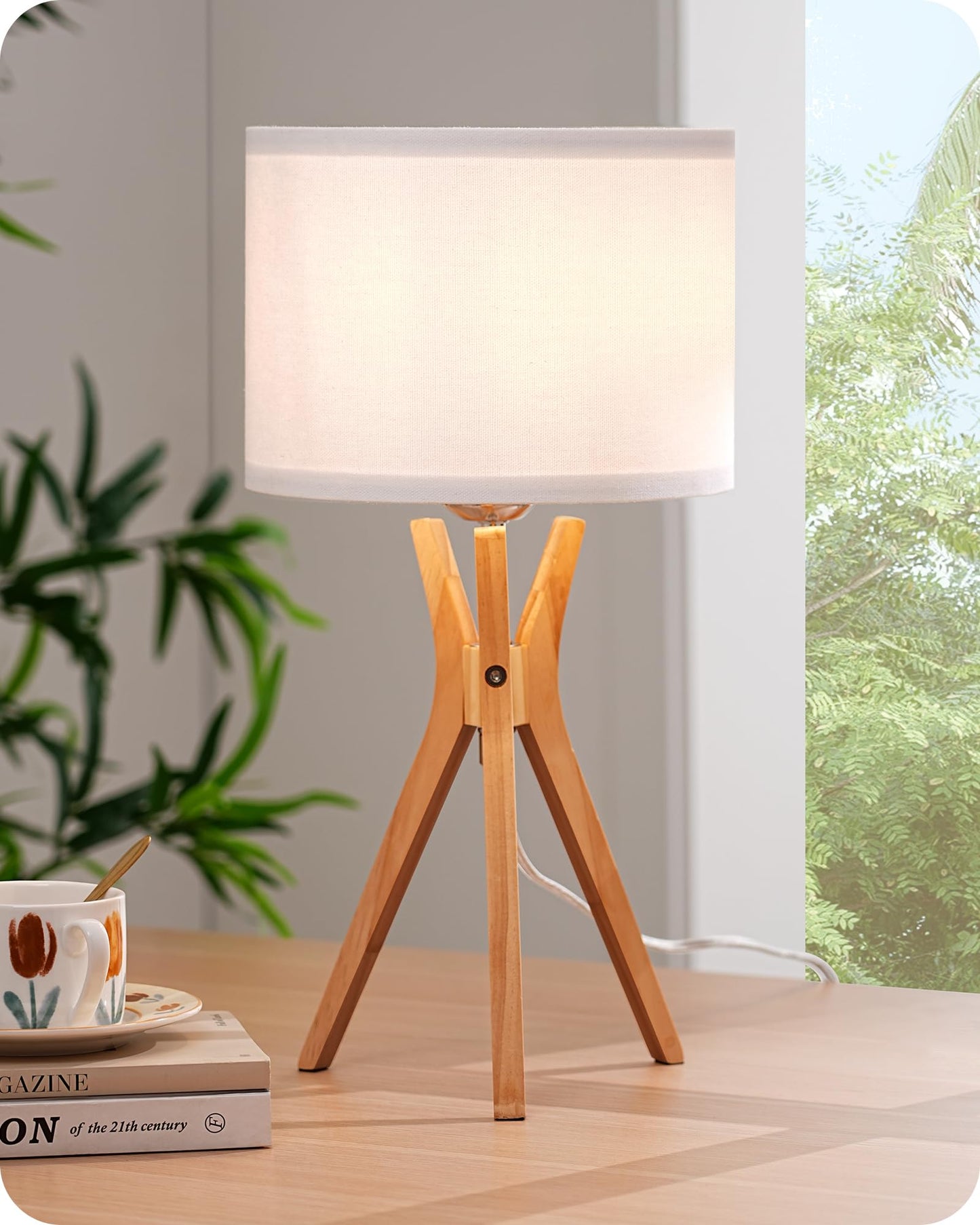 EDISHINE Modern Tripod Table Lamp, 17.5" Bedside Lamp with Natural Wood Light Legs & White Linen Lampshade, Nightstand Lamp for Bedroom, Living Room, Reading Room, E26 Base - WoodArtSupply