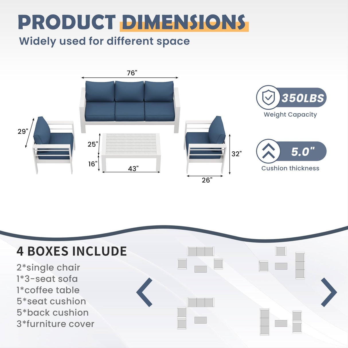 Amopatio Aluminum Patio Furniture Set, 6 Pieces Metal Outdoor Patio Furniture Sets, Outdoor Sectional Modern Sofa Couch with Coffee Table for Pool, Garden, White&Blue (Included Waterproof Covers) Amopatio