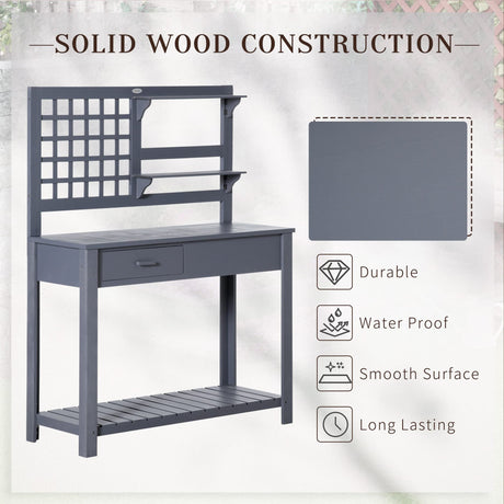 Outsunny Potting Bench Table, Garden Work Bench, Outdoor Wooden Workstation with Tiers of Shelves and Drawer for Patio, Courtyards, Balcony, Grey Outsunny