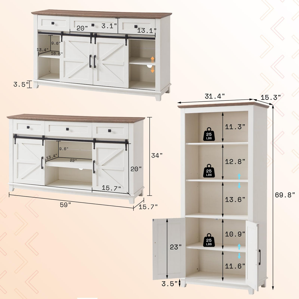 AMERLIFE TV Stand with Set of 2 Bookcases, Farmhouse Entertainment Center for 65 Inch Television with Sliding Barn Doors & Storage Drawers, for Living Room, Bedroom, Rustic White AMERLIFE
