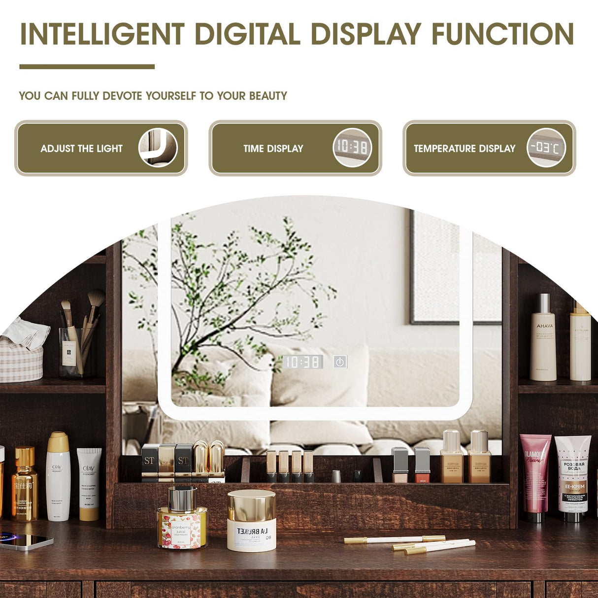 Vabches Makeup Vanity Desk, Vanity Mirror with Lights Desk and Chair,Makeup Table with 3 Large Drawers and 2 Cabinets, Time and Temperature Display, 3 LED Lighting Modes Adjustable, Brown Vabches