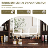 Vabches Makeup Vanity Desk, Vanity Mirror with Lights Desk and Chair,Makeup Table with 3 Large Drawers and 2 Cabinets, Time and Temperature Display, 3 LED Lighting Modes Adjustable, Brown Vabches